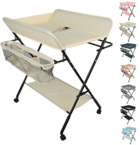 Supfine Wickeltisch Klappbar für Neugeborene mit Aufbewahrungskorb und Sicherheitsgurt - Faltbarer und tragbarer Changing Table auf Rollen, Ergonomisch - Höhenverstellbar in 3 Positionen (Creme)