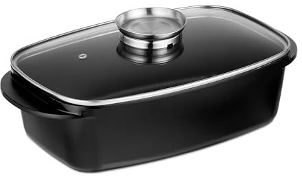 Relaxdays Pirofila da Forno con Coperchio, Teglia 5 L, Pomello per Aromatizzazione Piano Cottura Elettrico e Gas, Nero, Alluminio, 15 x 39,5 x 22 cm