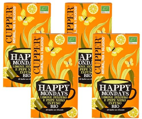 CUPPER Happy Mondays Infuso Biologico con Limone, Zenzero e Pepe Nero, Tisana Energizzante con Ingredienti Naturali, Gusto Speziato, Filtri 100% Biodegradabili, Confezione da 80 Bustine