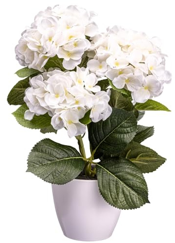 CREATIV green künstliche Hortensienpflanze weiß im Kunststofftopf 32 cm I naturgetreue Kunstpflanze im Topf I künstliche Hortensie mit 3 Blüten für Innen I hochwertige & dekorative Dekopflanze