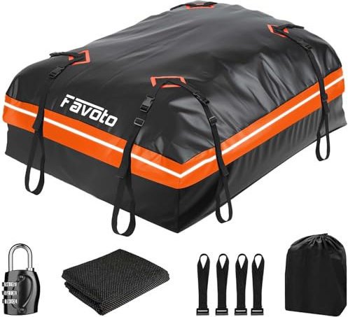 Favoto 425L Maletas de Techo Impermeable Plegable, Cofre Techo Coche Portaequipajes PVC 500D Resistente al Agua, Negro+Naranja