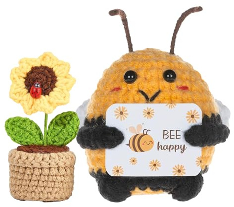 Rehecher Muñecos de Ganchillo de 2 Piezas, Regalo de la Suerte con Abrazo de Bolsillo, Pocket Hug Regalo,Abeja Positiva, Girasol Positivo, Mini Juguetes de Punto, Amigos
