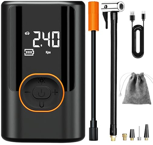 Elektrische Fahrradpumpe, Reifenfüller, Luftkompressor, 150 PSI tragbarer Fahrradreifen, Digitalanzeige mit 4 Düsenadaptern und LED-Licht/Powerbank für Auto, Motorrad, Fahrradbälle