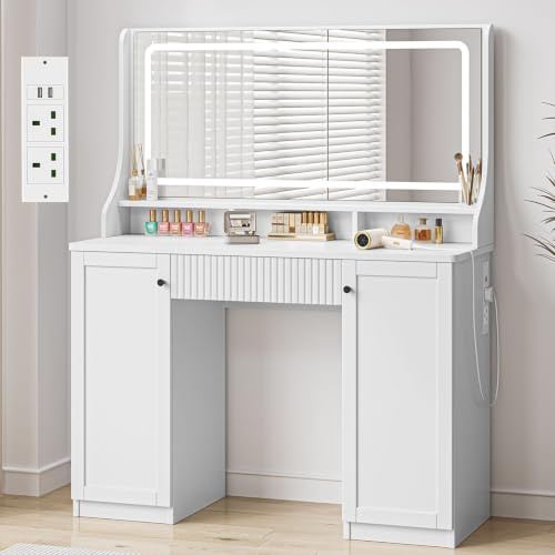 Dressing Table with Large Mirror & Light, Vanity Desk with Power Outlet | 110x40x135cm, White, 3 Color Dimmable Light, 1 Drawer, 2 Cabinets, 3 Open Compartments, Makeup Desk for Bedroom Dressing Room