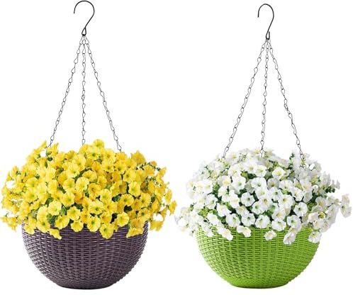 Yarteim Blumenampel Außen 2er Set, Hängend Blumentopf Kunststoff Hängekörbe Hängende Pflanzgefäßen Hängepflanztöpfe mit Kette Abflusslochs, Hängeampel für Innen Außen Pflanzen Blume Decken Balkone