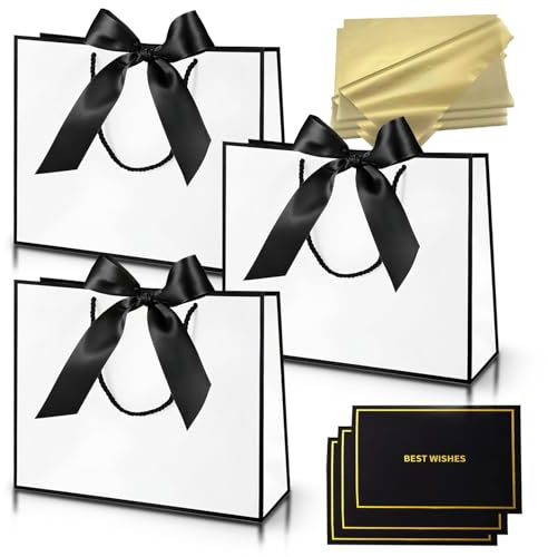 3 pezzi Sacchetti Regalo Bianco Nero,Sacchettini Regalo Compleanno in Carta con Manici,Eleganti Medie Imballaggio Regali con 3 Nastro 3 Carte e 6 Veline per Compleanno,Matrimonio,Natale,San Valentino