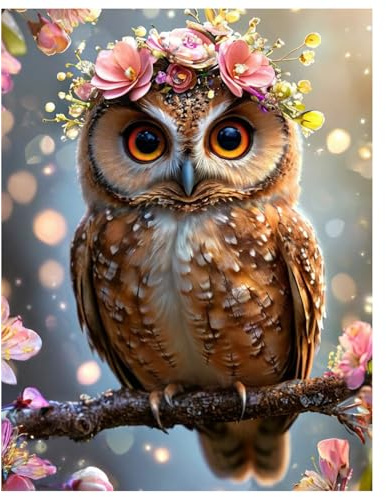Miquans Art Eule Diamond Painting Erwachsene，Diamond Painting Eule Mit Kirschblüten，Diamant Painting Bilder Erwachsene 5D Diamond Arts Craft für Home Wand Decor 30x40cm