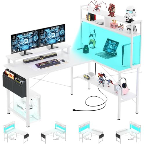 iSunirm Escritorio Gaming con LED,125x90 cm Escritorio en L con Enchufes y Puerto de Carga USB,Mesa para Ordenador con Estante para Monitor para Oficina en Casa,Blanco
