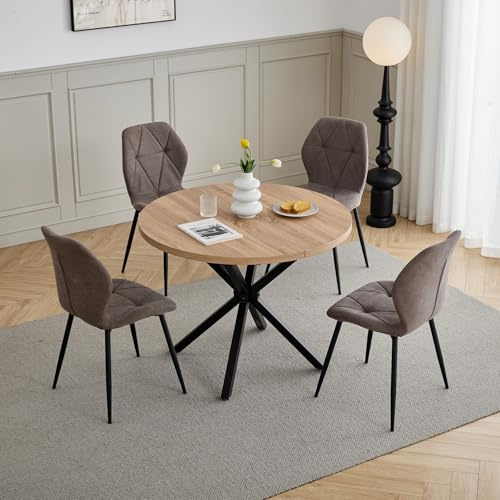 GrandCA HOME Set Tavolo e Sedie da Pranzo, Tavolo da Pranzo Rotondo da 100 CM e 4 Sedie Moderne in Lino, per Sala da Pranzo, Cucina, Soggiorno (Chiaro + Marrone)