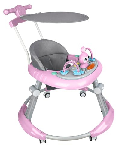 Girello con set da gioco e tappetino da pavimento, robusto aiuto per camminare con 5 posizioni regolabili, ideale come aiuto per camminare per i primi passi del vostro bambino, 70 x 70 x 91 cm, rosa