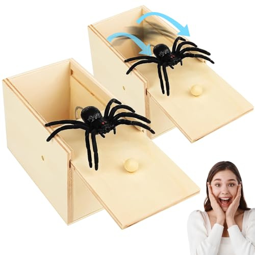 Dandin 2 Stück Scherzartikel Spinne In Box, Spinne Streich Box Holz, Streich Spinne Spinnen Prank Box, Holz Prank Spider Scare Box, Scherzartikel für Erwachsene, Prank Artikel, Party Favors Gifts