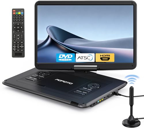 POFOTO 17.5 Portable TV/DVD Player with 15.6 HD Swivel Screen, Built-in ATSC Tuner & FM, Rechargeable Battery, Supports HDMI in/USB/Micro SD/AV Out, Multi-Disc Formats, Black