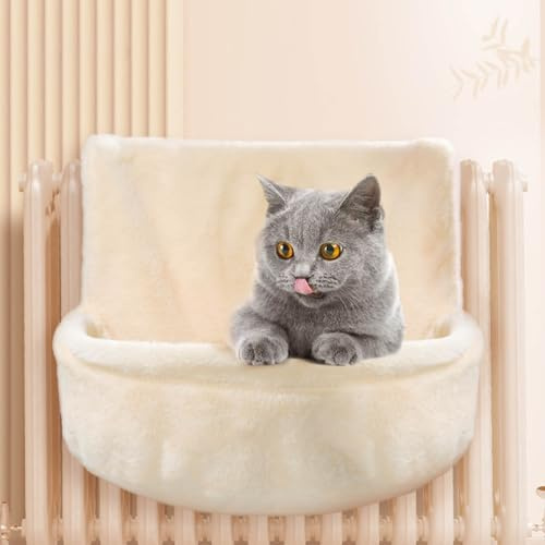 Katzen Kuschelsack für Heizkörper,Weich Plüschstoff Katzenhängematte,HäNgebett für Katze Heizung,Stabiler Faltbar Heizungsliege Katzen Heizungsliege,45,5×39×25,5cm (Beige)
