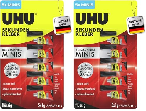 UHU Sekundenkleber extra stark | 5x1g Kleber Tuben für präzises Kleben | Sekundenkleber flüssig für Kunststoff, Metall, Holz, Keramik, Porzellankleber | Superkleber & Kunststoffkleber (Packung mit 2)