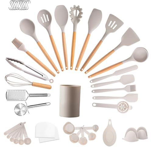 44 PCS Silicone Kitchen Utensil Set with Wooden Handle Heat Resistant | Kitchen Tools with Holder Safe for Non-Stick Cookware Tongs Spatula Spoon Set