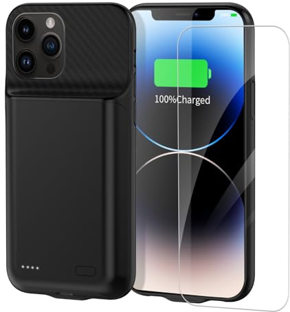 FLSTOR Coque batterie 13800 mAh pour iPhone 13 Pro Max/14 Pro Max/12 Pro Max 6,7, coque de charge rechargeable haute capacité avec protecteur d'écran, noir