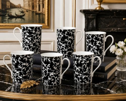 fromeuropewithlove Venetian Black Mugs Set of 6 Fine Bone China Black Mugs Cups Hand Decorated in UK