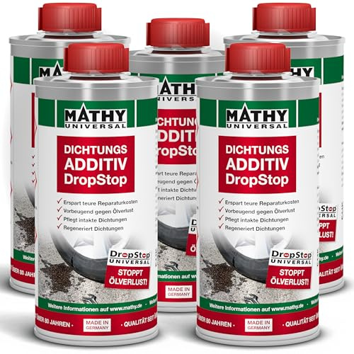MATHY-DropStop Dichtungs-Additiv, 5 x 250 ml, Hochwirksames Öl Additiv | Stoppt Ölverlust im Motor, Getriebe, Hinterachsen & Servolenkungen, Motoröl- & Getriebeöl-Zusatz regeneriert Dichtungen