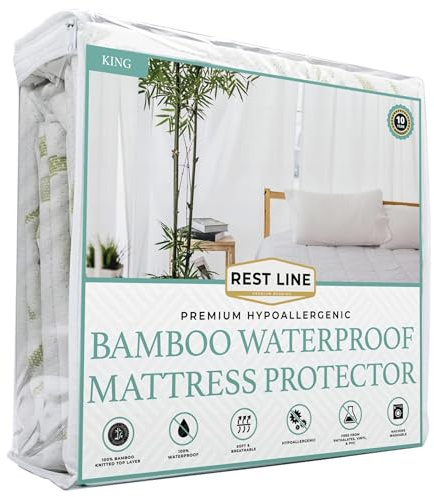 King Size 78x80” Premium Bamboo Waterproof Mattress Protector, 100% Viscose from Bamboo, Hypoallergenic, Cooling Mattress Pad Cover, Soft & Breathable Fitted Sheet Style up to 18 Deep - Rest Line