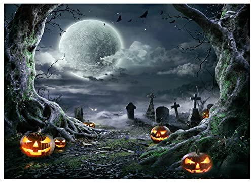 AIIKES 7x5FT Halloween Horror Nacht Fotografie Hintergrund Horror Nacht Hintergrund Kürbislaterne Hintergrund Schwarze Nacht Großer Baum Mond Weiße Wolke Hintergrund Fledermaus Hintergrund 11-897