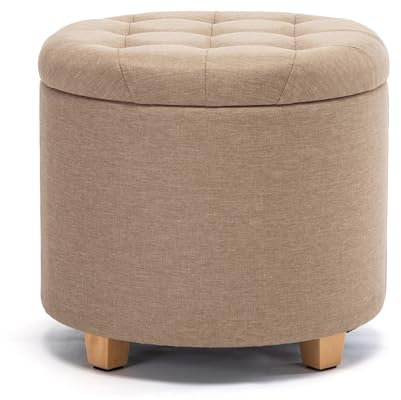 HNNHOME Sitzhocker mit Stauraum, Sitz rund mit Deckel, Sitztruhe, Fußbank Truhen Aufbewahrungsbox, Leinen, 44 L, 45 x 45 x 41 cm, Beige