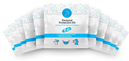 Mini Personal Protection Kit To-Go - 10 PACK! Mask, Hand Sanitizing Gel, Sanitizing Cleansing Wipe Packets. PPE On the Go! Single use Disposable Pocket-sized! Ideal for travel!