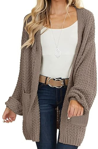 MEROKEETY Women's 2025 Fall Open Front Chunky Knit Sweater Oversized Lantern Sleeve Cardigan Outwear, Mocha, X-Large
