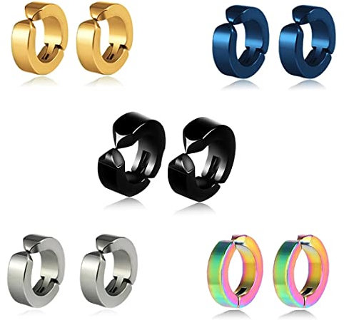 Clyhon 5 Paare Eckige Creolen Ohrringe Edelstahl - Clip Herren Damen Silber Titan Klappcreolen Ohrclip Ohrklemmen Ohrstecker Männer Schwarz Fake Gold Set Nickelfrei