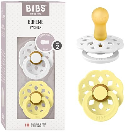 BIBS Boheme Schnuller 2er-Pack. BPA-frei. Kirschform Nippel, Größe 2 (6-18 Monate), White / Sunshine