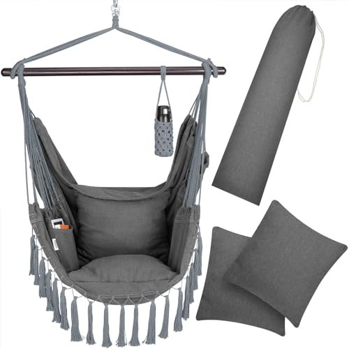 DETEX® Hängesessel bis 150kg Belastbar mit Flaschenhalter Boho Stil Wetterfest Garten 360° Drehbar Anthrazit Hängestuhl Indoor & Outdoor Kissen