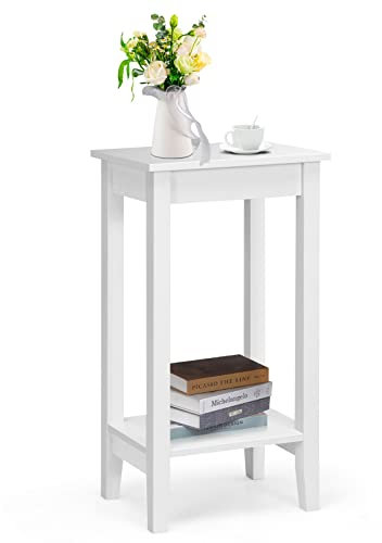 GOPLUS Telefontisch 2 Ebenen, Beistelltisch Sofatisch Holz, Nachttisch hoch für Schlafzimmer, Wohnzimmer, Büro (Weiß)