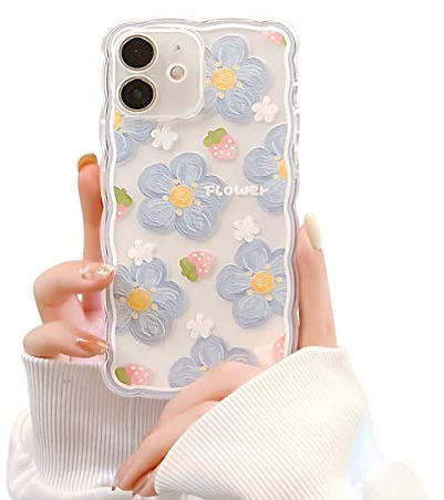 Ownest Kompatibel mit iPhone 12 Mini Hülle, Blume Aesthetic Transparente Hülle mit Silikon Case Süßes Blumen Design Dünne Cover Stoßfest für Frauen Mädchen Handyhülle -Blau