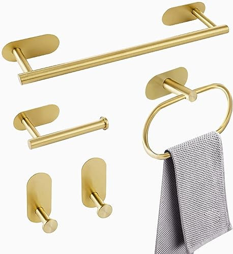 YUET Brushed Brass Bathroom Accessories Set - Toilet Paper Holder, 5 Piece Stainless Steel Hardware Kit Including 16 Towel Rail Bar, Toilet Roll Holder, Towel Ring, and Robe Towel Hooks (Gold)