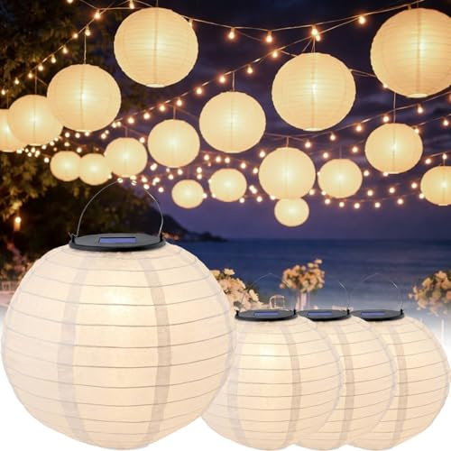 LUMILED 4x Solar Lampions Außen wetterfest Solarlaterne Laterne 20cm LED Lampion Solarleuchte IP44 Kugel weiß Hängend Dekorative Außenleuchte Gartenleuchte Hängende Gartenlaterne hängeleuchte