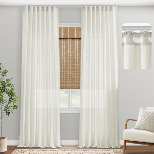 PANELSBURG Modern Farmhouse Cream Colored Semi Sheer Curtains 84 Inches Long,Living Room Bedroom Back Tab Linen Pleated Window Curtains 84 Inch Length 2 Panel Sets