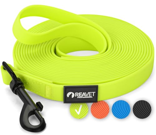 ReaVET Schleppleine für Hunde 5 Meter, Neon Gelb I Robuste & wasserfeste Hundeleine lang I Übungsleine mit Griff, Trainingsleine Laufleine für große & kleine Hunde