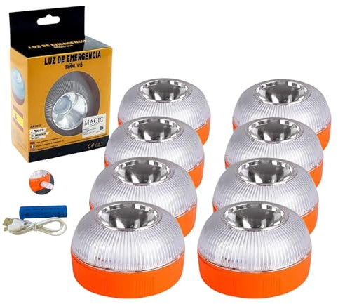 MAGIC SELECT 8X Luz de Emergencia V16 para Señalización en Carretera de Coche y Moto. Luz Amarilla Intermitente y Blanca Fija, Encendido Automático, Base Imantada y Batería Recargable. NO TIENE GPS