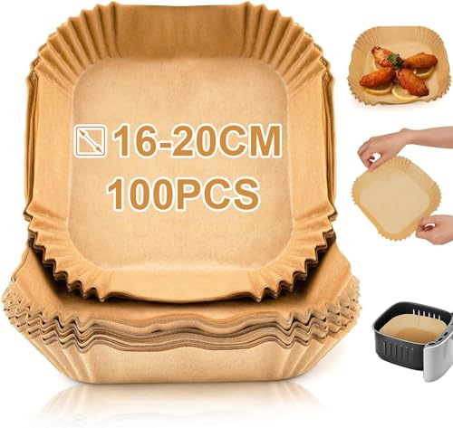 100 Piezas Papel Freidora Aire Cuadrado, Papel Air Fryer sin BPA para 3-4.5L, Papel de Pergamino Desechable Antiadherente para Horno y Microondas, Compatible con Cosori, Cecotec y Masterpro, 16-20cm