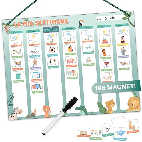 Mini Mindz Agenda settimanale bambini, lavagna magnetica, 200 magneti | 20 magneti personalizzabili, magneti meteo, penna cancellabile, cordino, dai 3 anni