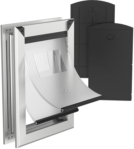 Classicmacher Robuste Hundetür mit doppeltem Schiebeverschluss, große Aluminiumtür für Außentür, magnetische Doppelklappen, für große und mittelgroße Hunde bis zu 45 kg (groß, Silber)