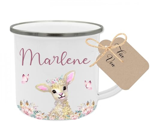 Manufaktur Liebevoll Namenstasse Kinder Kindertasse Personalisiert Emaille Tasse Mädchen Junge Geschenk Schaf Bauernhof Tiere Becher