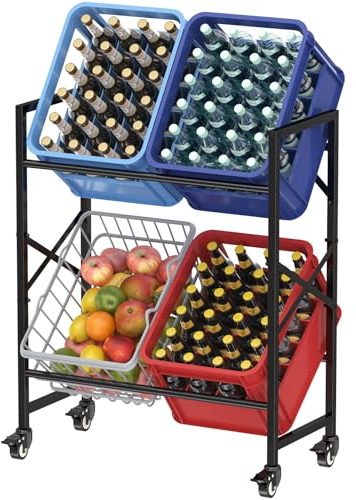 Lifewit Scaffale per bevande con rotelle per 4 casse, scaffale per bevande in metallo, capacità di carico 150KG/strato, vernice antigraffio, scaffale per casse stabile per birra, verdure e acqua