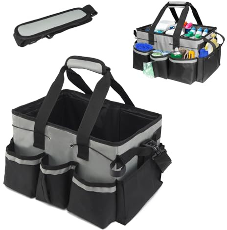 Large Cleaning Caddy with Handle, Wearable Cleaning Supplies Organizer | Oxford Cloth Cleaning Organiser with Detachable Dividers & Shoulder Strap for Car Detailing, Housekeeping, Gardening