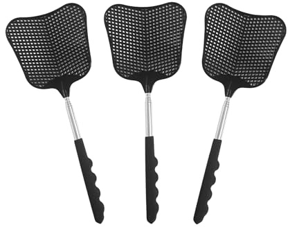 Juego de 3 matamoscas de plástico para interiores y exteriores, mango telescópico duradero de acero inoxidable, juego de matamoscas de plástico mejorado para interiores y exteriores, hogar, senderismo
