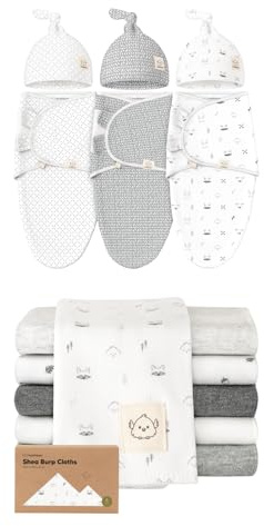 KeaBabies 3-Pack Swaddles with Hats for Newborns and 6-Pack Burp Cloths Baby Boy, Girl - Baby Sleep Sacks 0-3 Months, Newborn Swaddle Wrap - Large Cotton Burping Cloths, Spit Up Rags