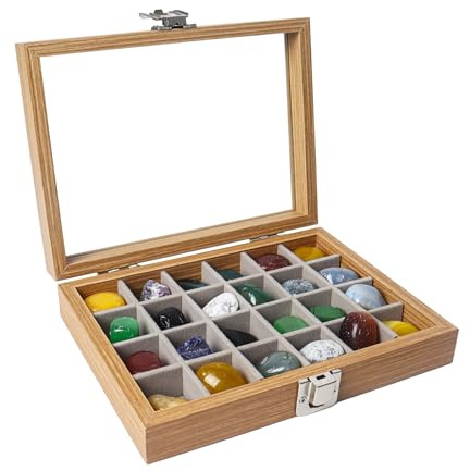 Dmnnlp 24 Grids Rock Display Case, hölzerne Rock Sammlung Box mit klarem Glasdeckel, Lagerung Display-Boxen für Sammlerstücke Edelstein Fossil Crystal Stone Jewellery (Hellbraun)