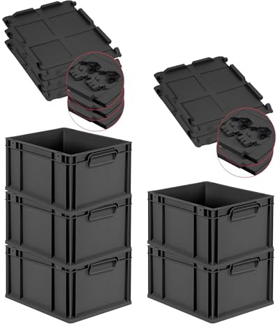 PROREGAL SuperSparSet 5x Eurobox NextGen Grip mit Scharnierdeckel & schwarzen Schiebeschnappverschlüssen, HxBxT 22x30x40cm, 20L, Schwarz, Griffe zu, Eurobehälter, Transportbox, Transportbehälter