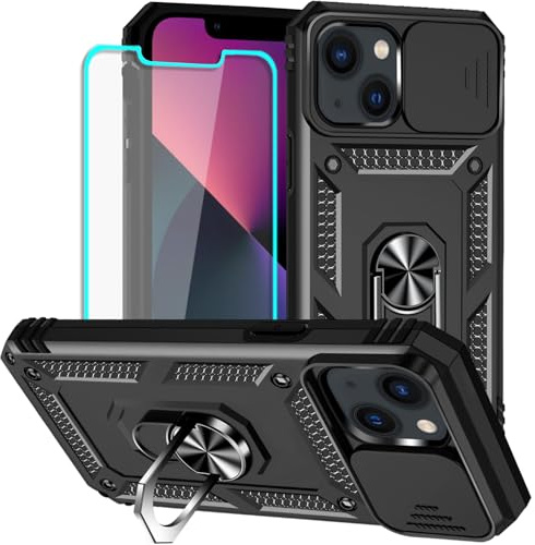 Yiakeng for iPhone 13 Mini Case with Screen Protector: [Military Grade 20ft. Drop Tested] Slide Camera Cover Ring Shockproof Protective Phone Case for - iPhone 13 Mini (Black)