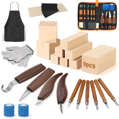 WEEKSUN 39-teiliges Holzschnitzset für Anfänger, Holzschnitzwerkzeug-Set mit 9 Lindenholzblöcken, Schleifpapier, Handschuhen und Bandagen, Holzschnitz-Sets für Anfänger