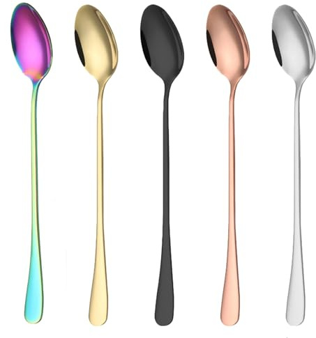 5 Pcs Latte Spoons, Long Teaspoons, Long Handled Teaspoons, Sundae Spoons, Stainless Steel Mixing & Stirring Spoons for Coffee, Espresso, Sundae, Iced Tea & Desserts (7.7 Inch)